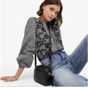 J.Crew Gingham Embroidered Eyelet Popover Blouse Black
